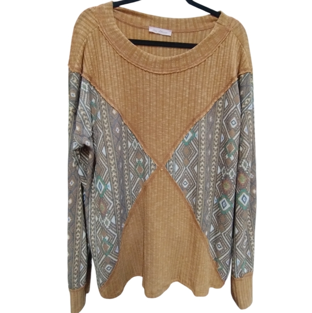 Ces Femme Women's L Ribbed Aztec Oversized‎ Southwest Top Western Country Comfy